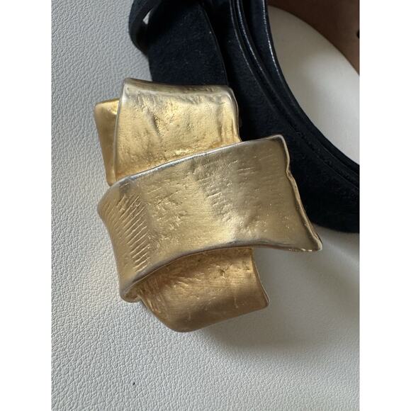 Vintage 90s Donna Karan Belt Italy Black Leather Suede Gold Buckle Luxury Large
